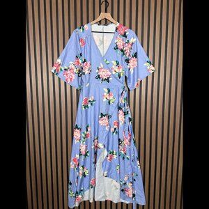 E. Ssue Wrap Dress Medium Womens Blue Midi Floral Satin Kimono